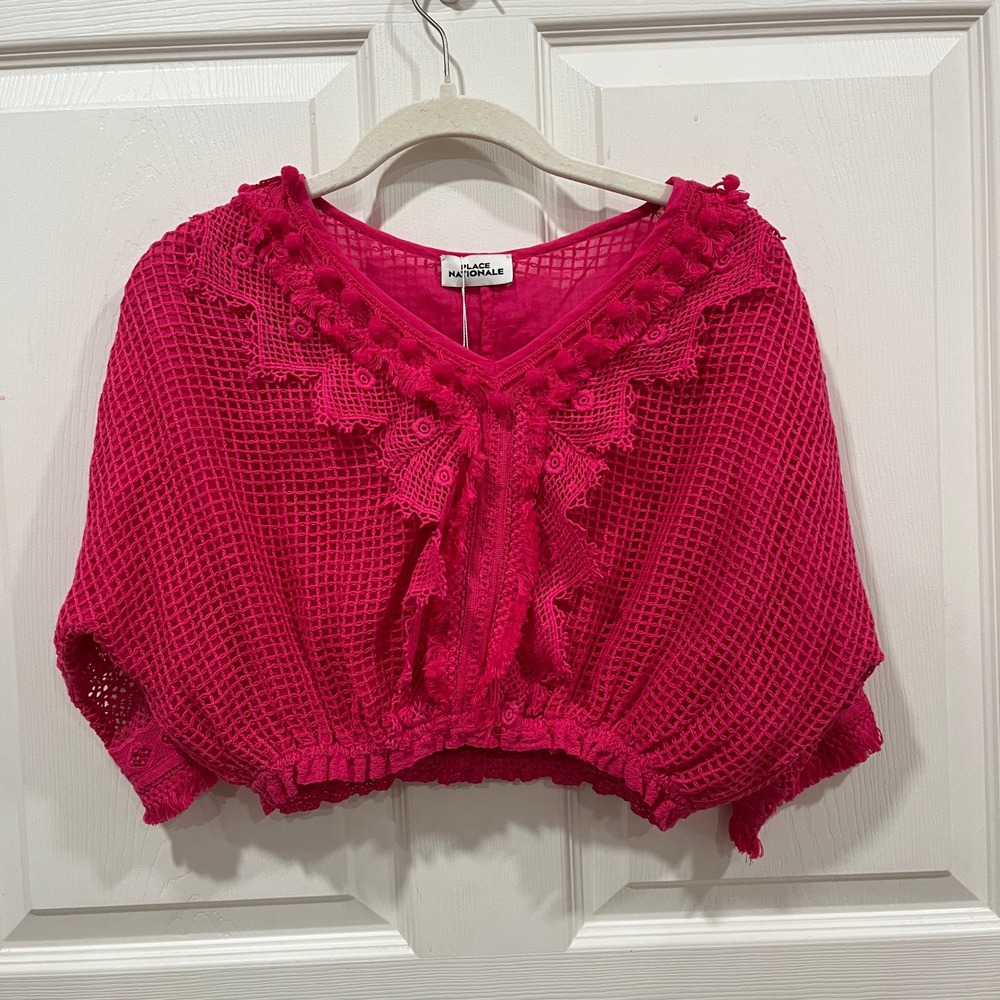 Place Nationale Le Chaleur Grid Lace Sleeve Crop Top Pink Pom Pom Bohemian